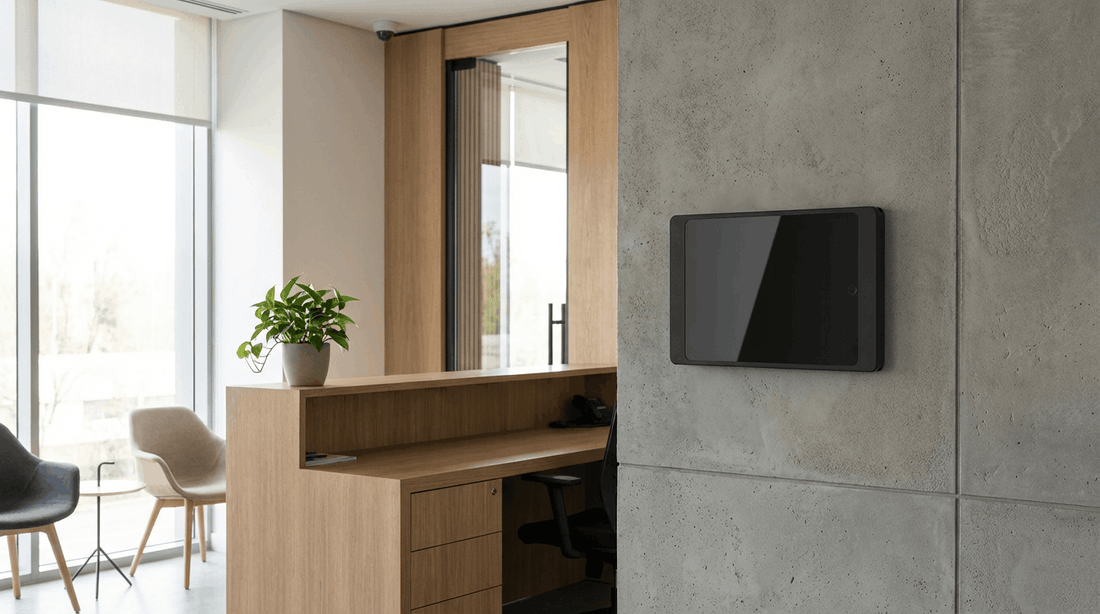 Digitales Besuchermanagement mit iPad Wandhalterung NOVA SECURE im Empfangsbereich eines Unternehmens