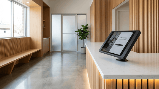 Diebstahlsichere iPad Halterung an einem Self-Service-Punkt im gewerblichen Bereich
