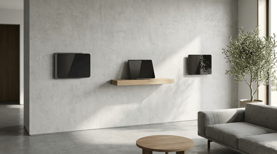 verschiedene Möglichkeiten ein iPad an der Wand zu befestigen mit Halterung, Regal und Magnetlösung