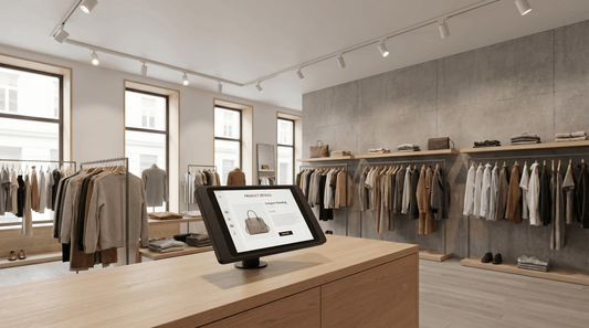 iPad im Einzelhandel in sicherer Halterung für Produktinformationen und Kundenberatung