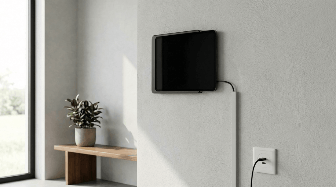iPad Wandhalterung mit sauber geführtem USB-C Ladekabel an der Wand