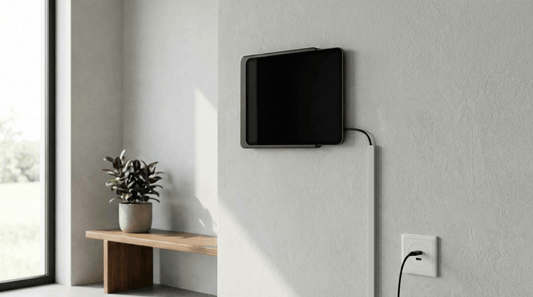 iPad Wandhalterung mit sauber geführtem USB-C Ladekabel an der Wand