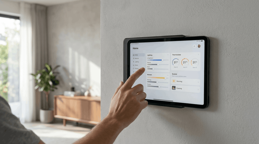 iPad Wandhalterung im Smart Home als zentrale Steuerung für Licht, Heizung und Szenen an der Wand montiert