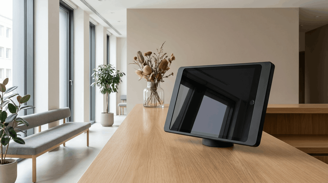 Tablet am Empfang in sicherer Halterung für digitale Rezeption