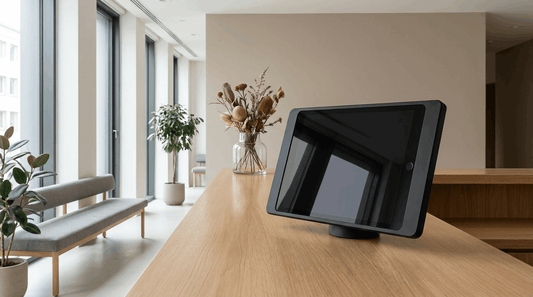 Tablet am Empfang in sicherer Halterung für digitale Rezeption