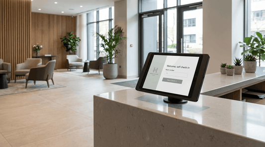 Tablet für Self-Check-In in sicherer Halterung im Eingangsbereich