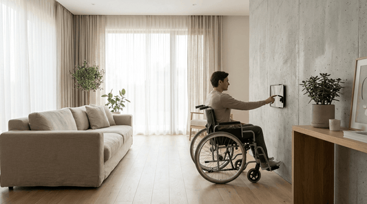 Tablet Wandhalterung auf barrierefreier Bedienhöhe für Nutzung im Sitzen